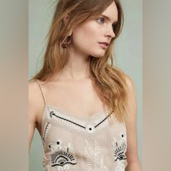 Anthropologie Maeve Beige Embroidered Lace Slip Midi Dress S spaghetti straps - Picture 2 of 11